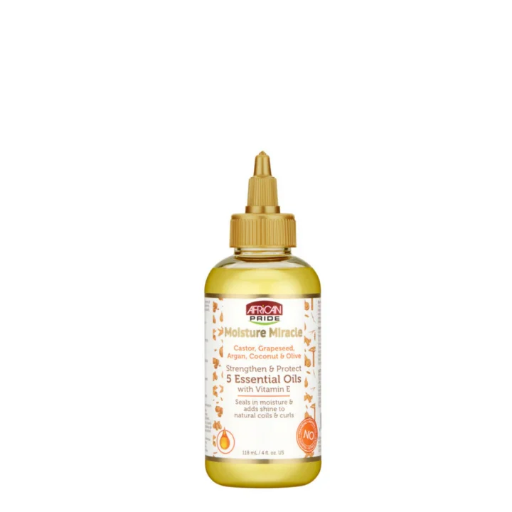 African pride moisture miracle 5 essential oils (castor, grapeseed, argan, coconut & olive) 118ml/4oz